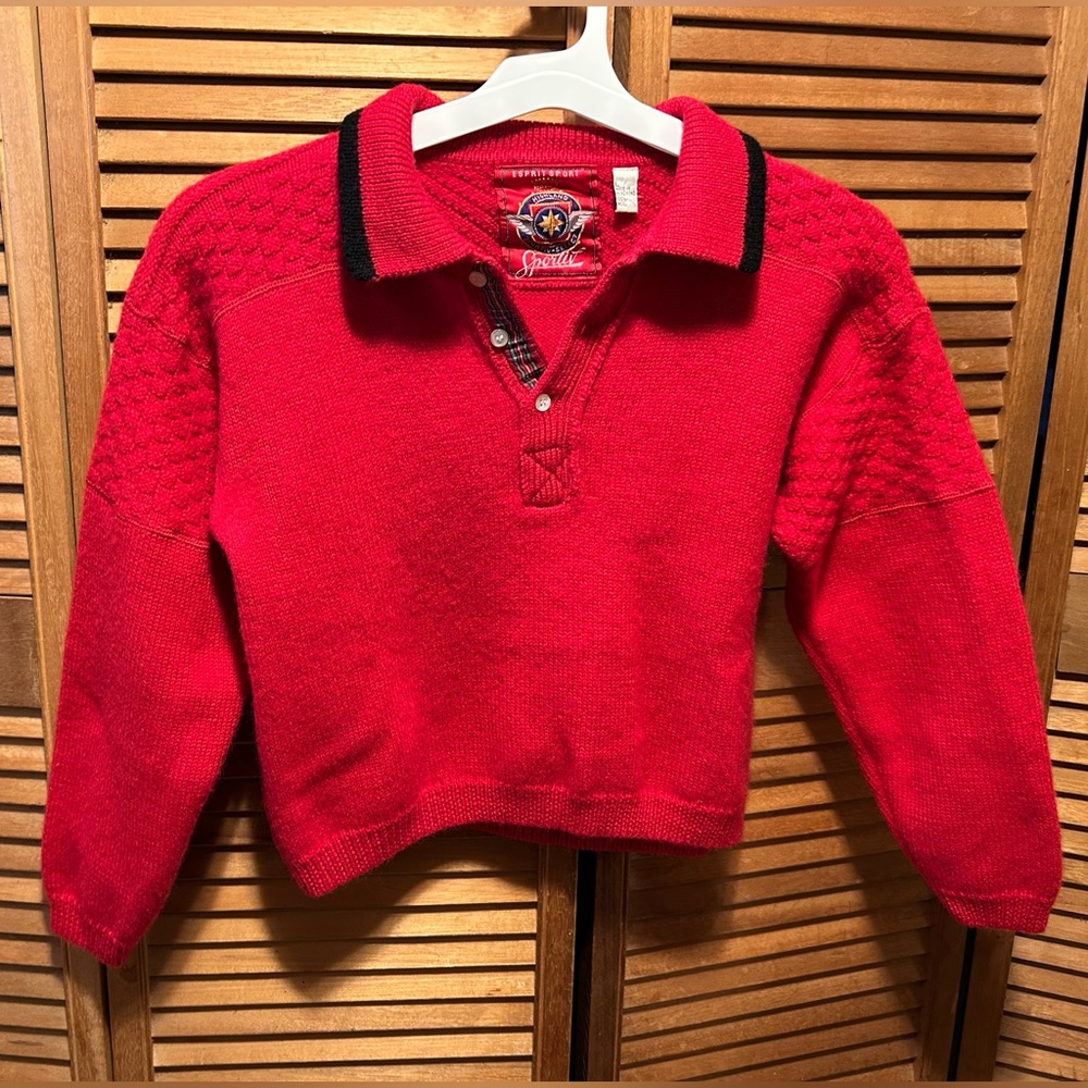 Vintage Esprit Sport Highland Red Cropped Wool Knit Polo Sweater